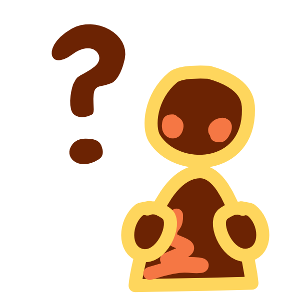 A large brown question mark with white line art next to an abstract brown person with yellow line art.